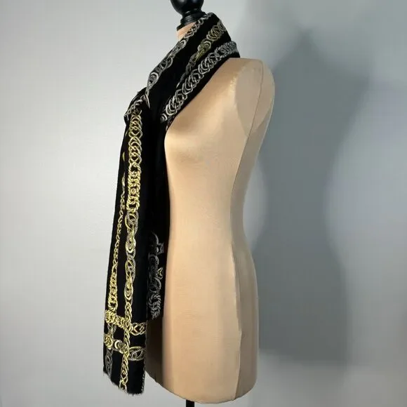 Black Chain Oversized Scarf Wrap Throw Fringe Soft Cozy Fall - Picture 3 of 7